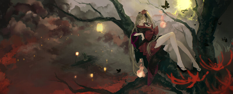 Anime Girl in Red Kimono — Dramatic, Night, Digital Art, Lanterns