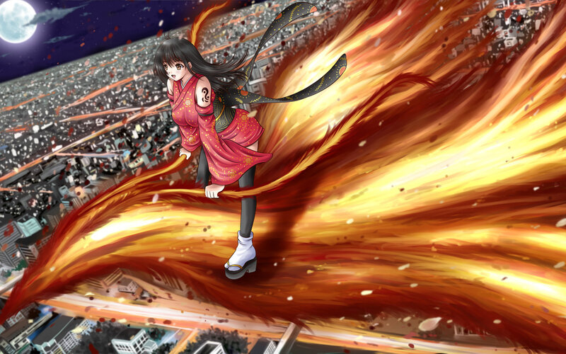 Anime Girl in Red Kimono — Dramatic, Night, Digital Art