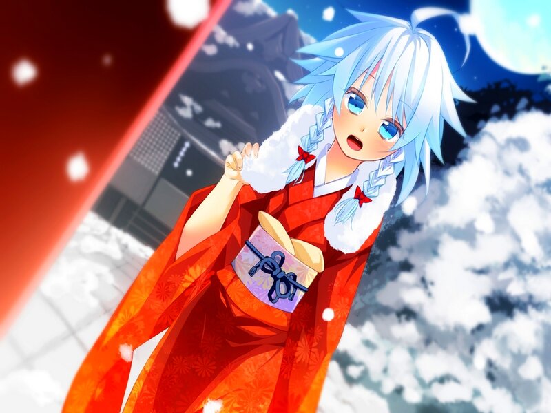 Anime Girl in Red Kimono — Dramatic, Night, Snow