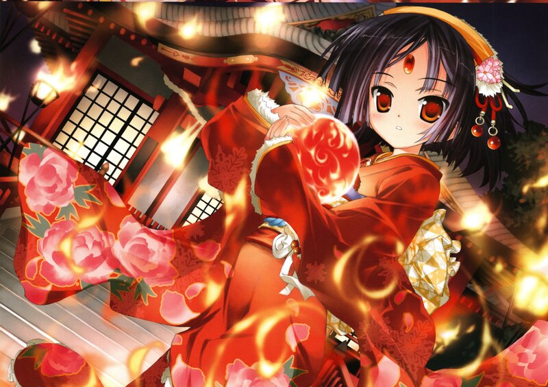 Anime Girl in Red Kimono — Dramatic, Night
