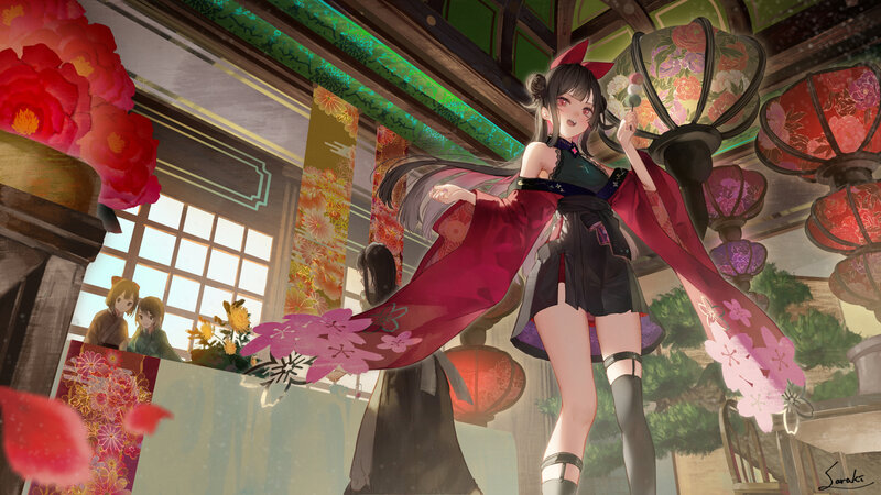 Anime Girl in Red Kimono — Festive, Spring