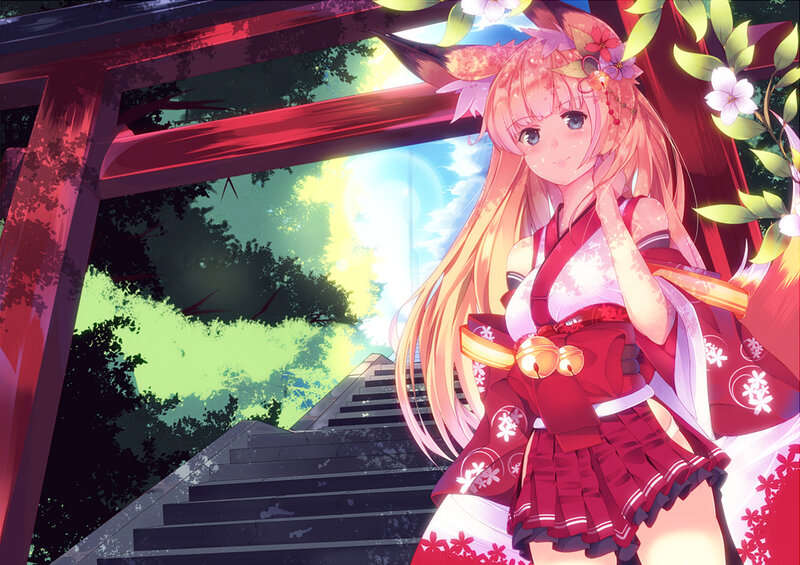 Anime Girl in Red Kimono — Serene, Afternoon