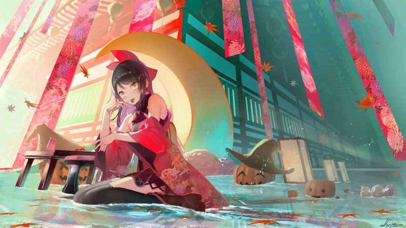 Anime Girl in Red Kimono — Serene, Autumn