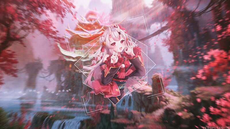 Anime Girl in Red Kimono — Serene, Spring, Digital Art, Cherry Blossoms