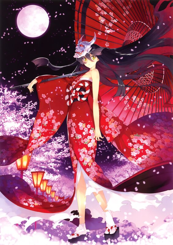 Anime girl in red kimono under moon