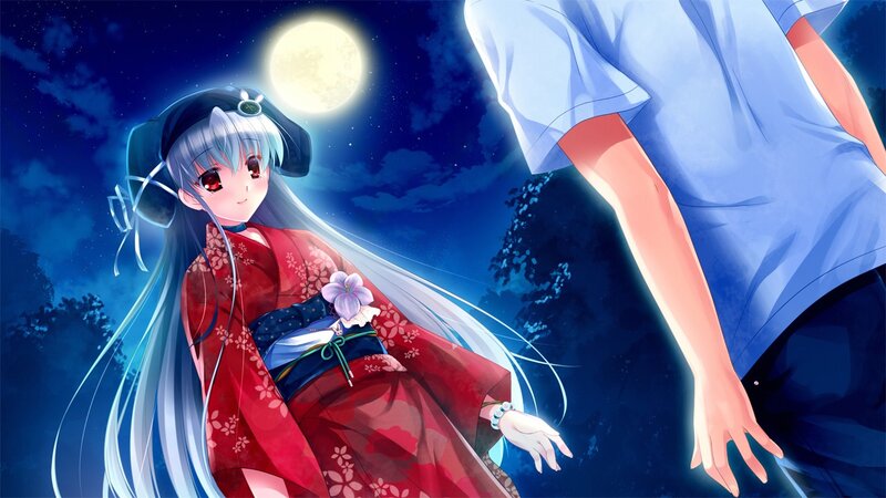 Anime girl in red kimono under moonlight