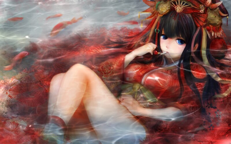 Anime girl in red kimono underwater