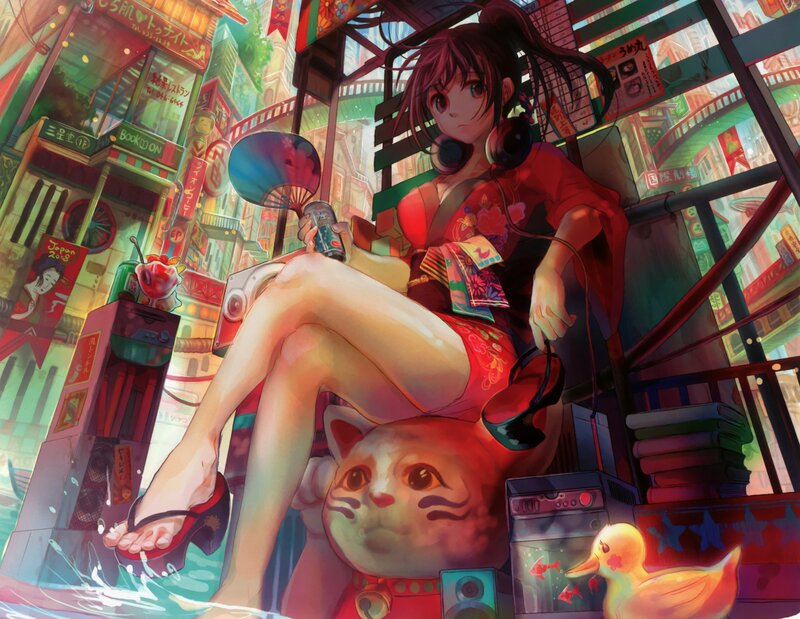 Anime Girl in Red Kimono — Vibrant