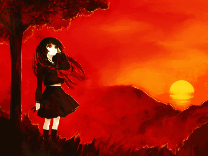 Anime Girl in Red Landscape — Dramatic