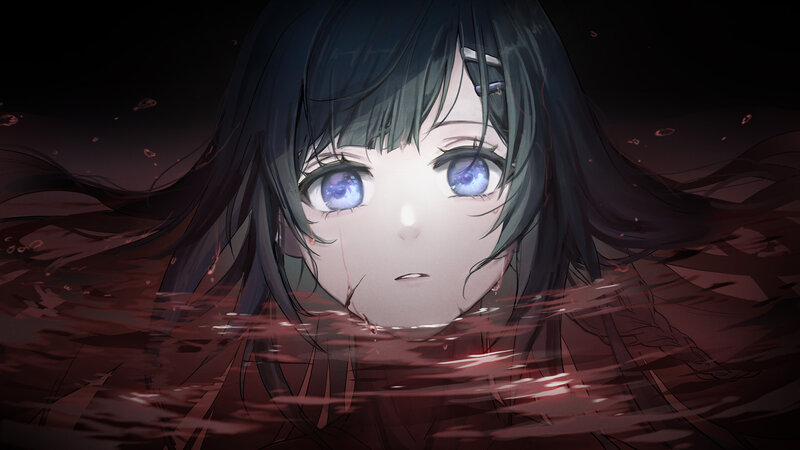 Anime Girl in Red Liquid — Black, Dramatic