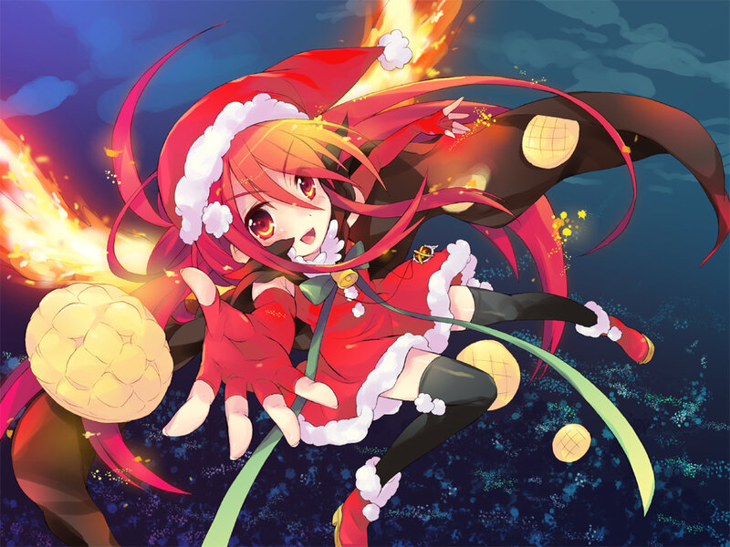 Anime Girl in Red Outfit — Dramatic, Night, Digital Art, Fire, Santa Hat