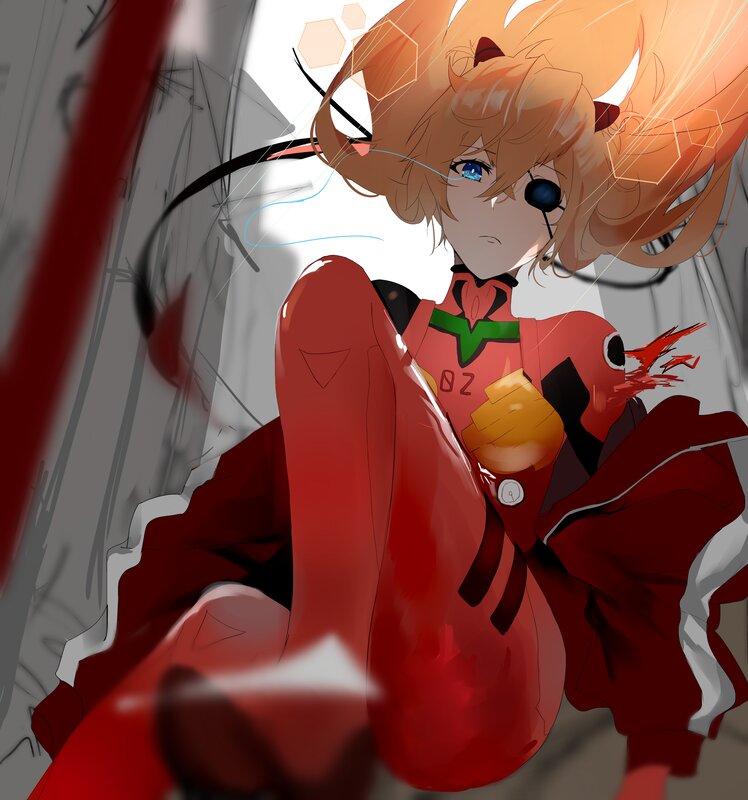 Anime Girl in Red Suit — Dramatic, Digital Art, Red Suit, Eyepatch, Blood
