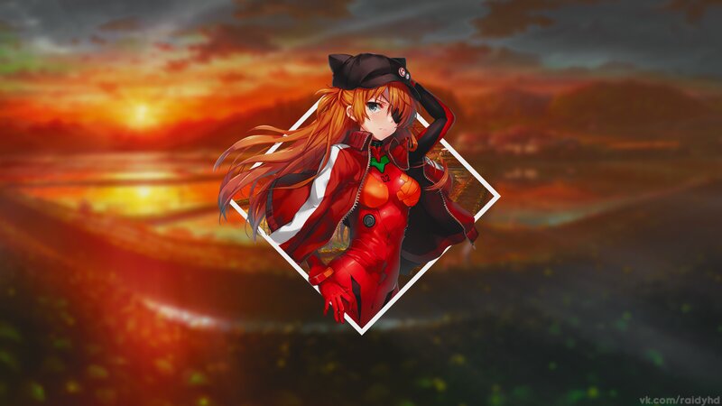 Anime Girl in Red Suit — Dramatic, Sunset, Digital Art, River
