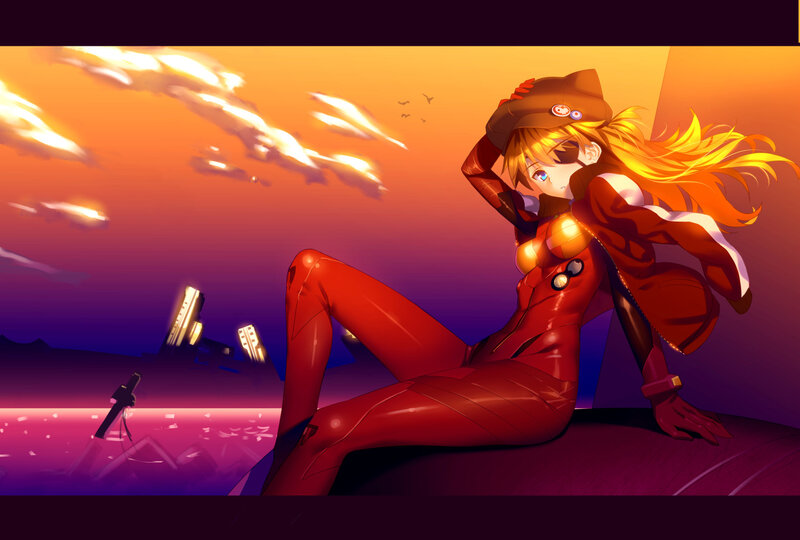 Anime Girl in Red Suit — Dramatic, Sunset
