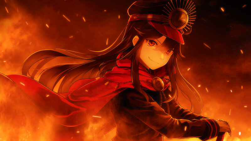 Anime Girl in Red Uniform — Dramatic, Fire