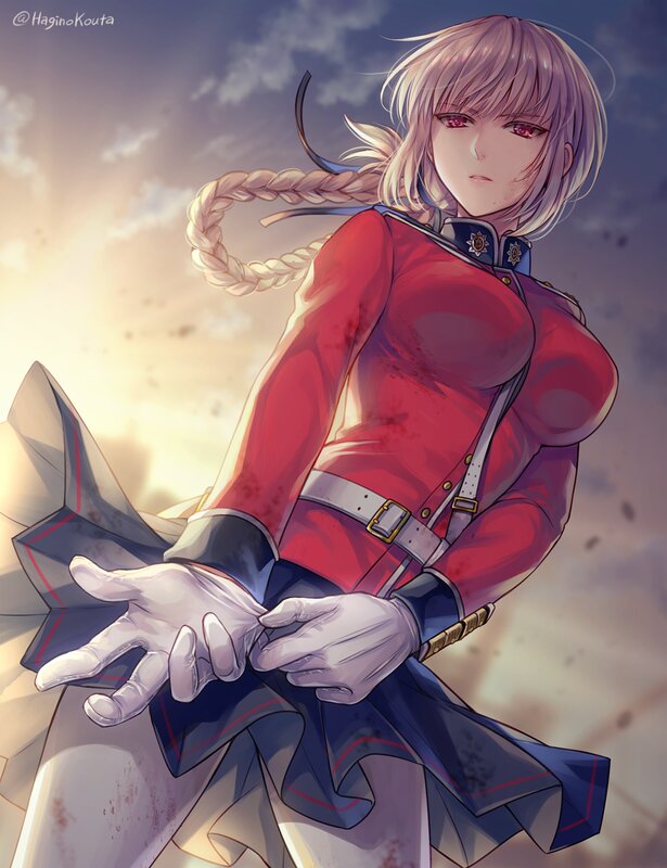 Anime Girl in Red Uniform — Dramatic, Sunset, Digital Art