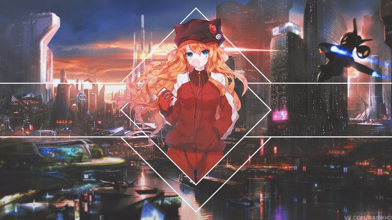 Anime Girl in Red Uniform — Dramatic, Sunset