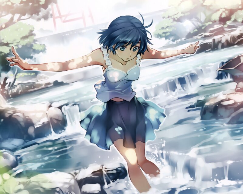 Anime Girl in River — Blue, Playful