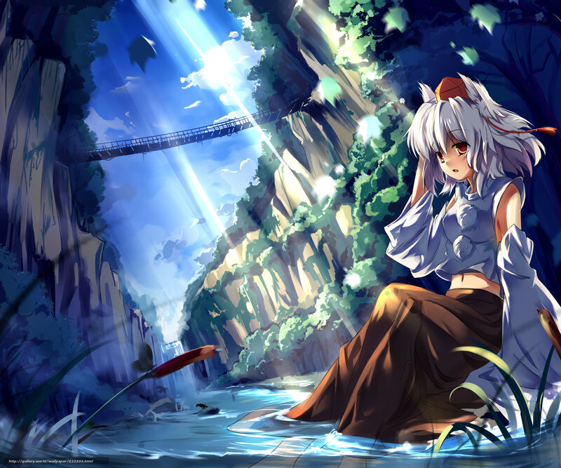 Anime Girl in River — Blue, Serene, Afternoon, Digital Art, Bridge
