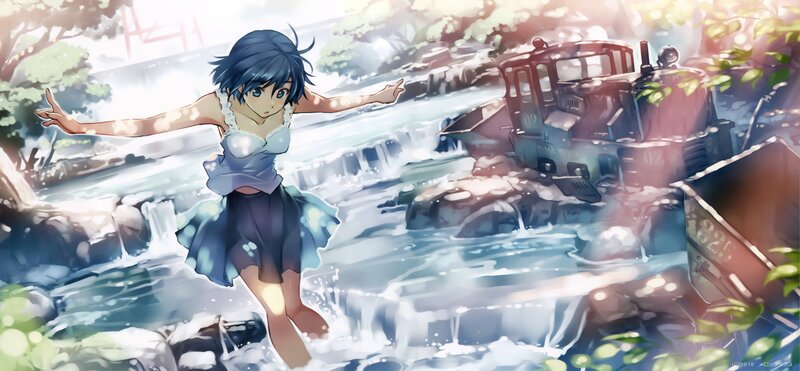 Anime Girl in River — Blue, Serene, Afternoon, Digital Art