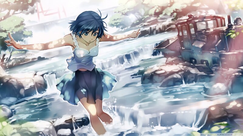 Anime Girl in River — Blue, Serene