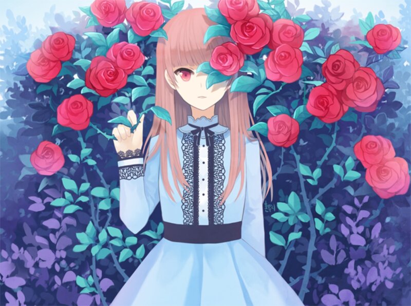 Anime Girl in Rose Garden — Blue