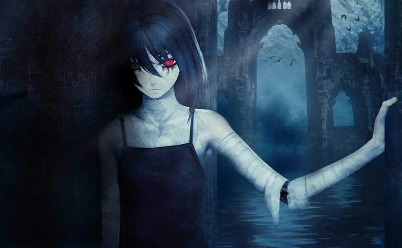 anime girl in ruined cathedral