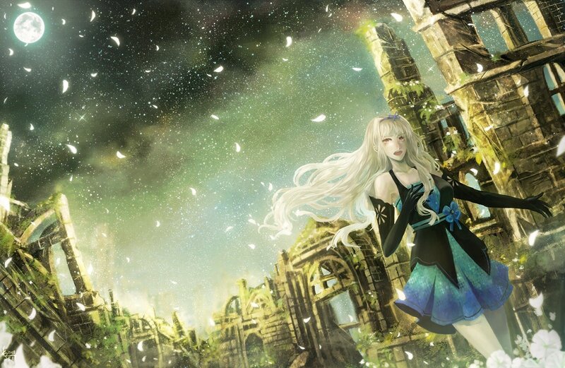 Anime girl in ruins at night