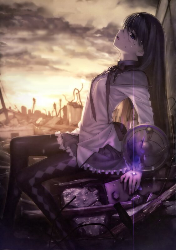 anime girl in ruins at sunset