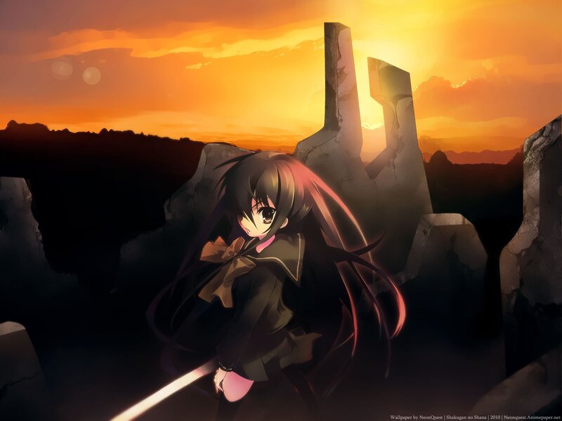 Anime girl in ruins at sunset