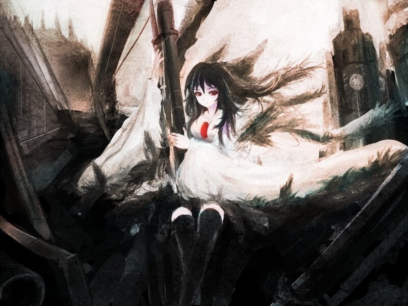 Anime Girl in Ruins — Black, Dramatic, Digital Art