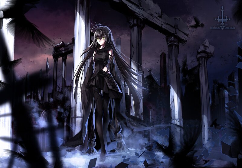 Anime Girl in Ruins — Black, Dramatic, Night