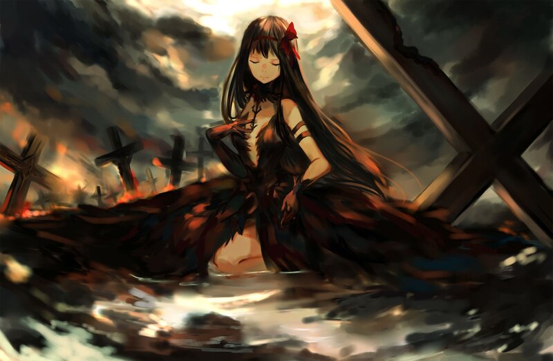Anime Girl in Ruins — Black, Dramatic, Sunset