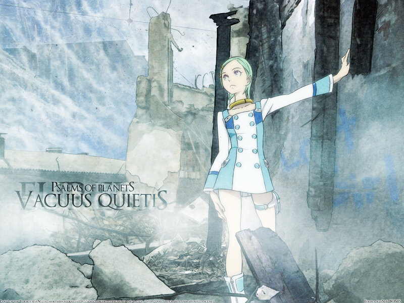 Anime Girl in Ruins — Blue, Dramatic, Debris, Text
