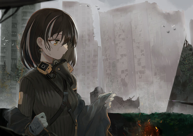 Anime Girl in Ruins — Gray, Dramatic, Digital Art, Ruined Buildings