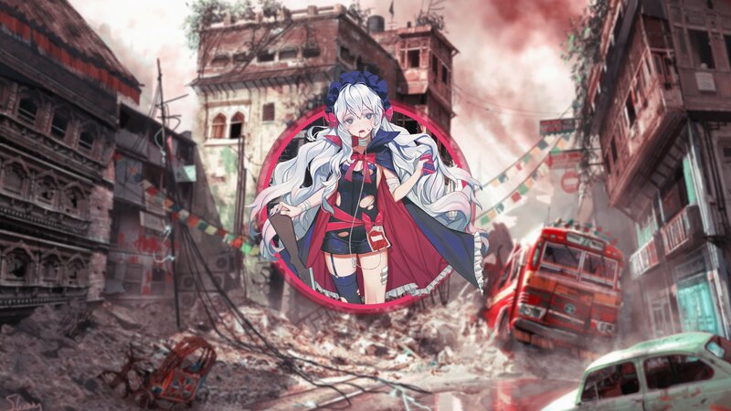 Anime Girl in Ruins — Red, Dramatic