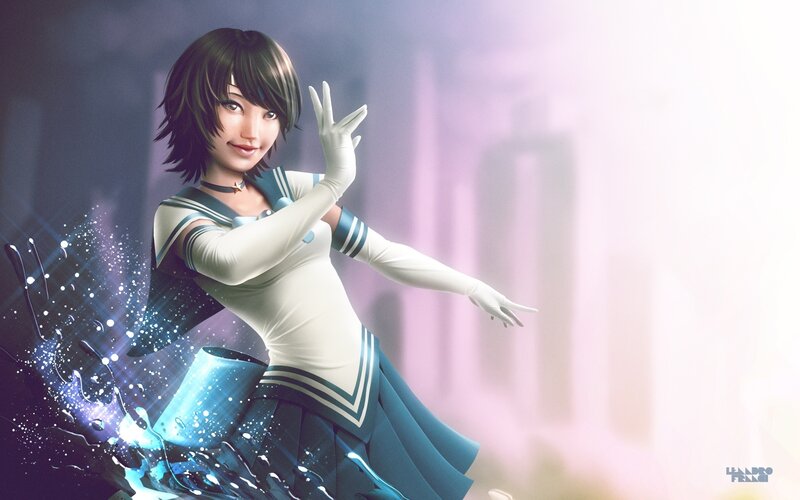 Anime Girl in Sailor Uniform — Blue, Dramatic, Digital Art