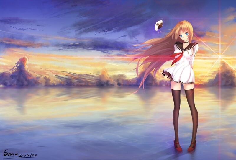 Anime Girl in Sailor Uniform — Blue, Serene, Sunset, Digital Art