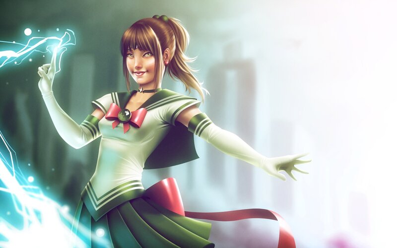 Anime Girl in Sailor Uniform — Green, Energetic, Digital Art