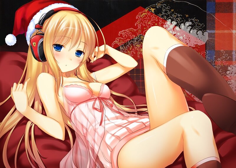 Anime girl in Santa hat and headphones