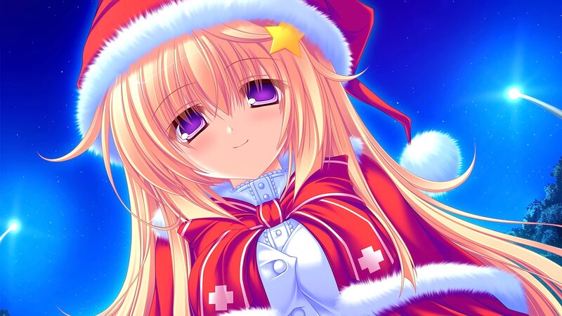 Anime Girl in Santa Hat — Blue, Festive, Night, Santa Hat