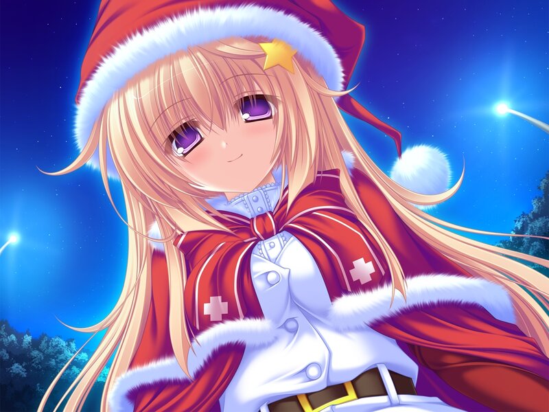 Anime Girl in Santa Hat — Blue, Festive, Night