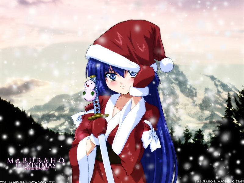 Anime Girl in Santa Hat — Blue, Festive