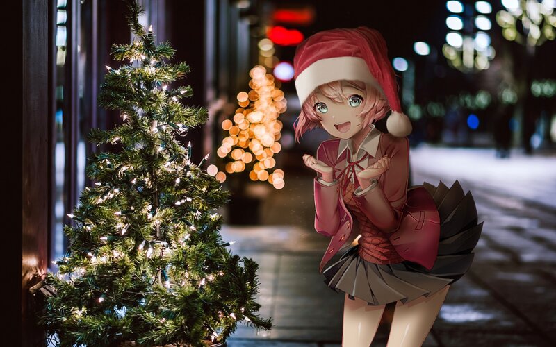 Anime Girl in Santa Hat — Red, Festive, Night, Digital Art