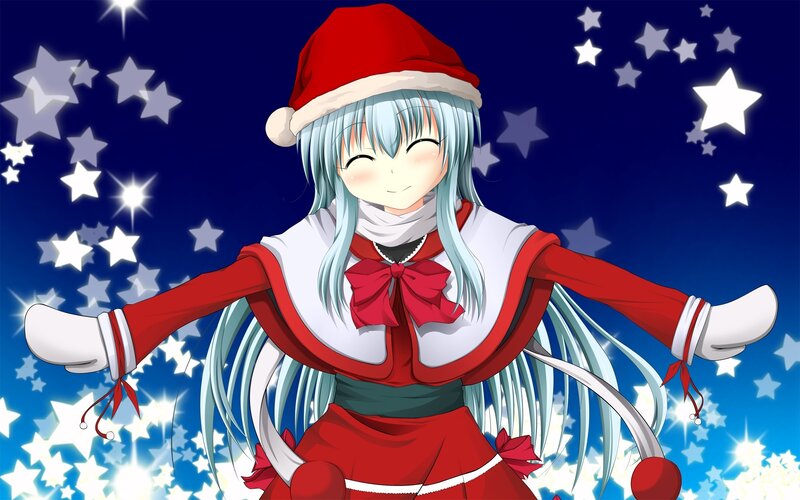 Anime Girl in Santa Outfit — Blue, Festive, Night, Stars