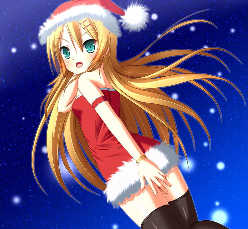 Anime Girl in Santa Outfit — Blue, Festive