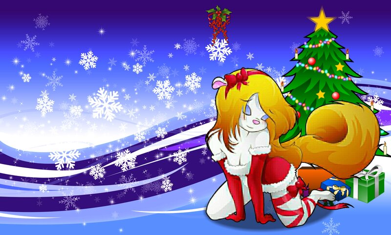 Anime Girl in Santa Outfit — Blue, Festive, Winter, Digital Art, Christmas Tree