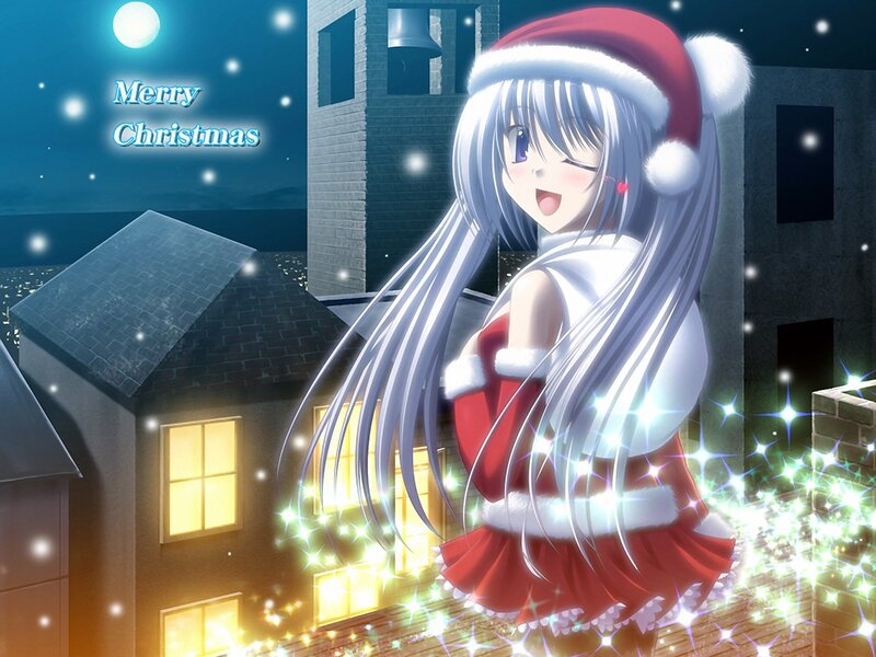 Anime Girl in Santa Outfit — Red, Festive, Night, Santa Hat, Snowflakes