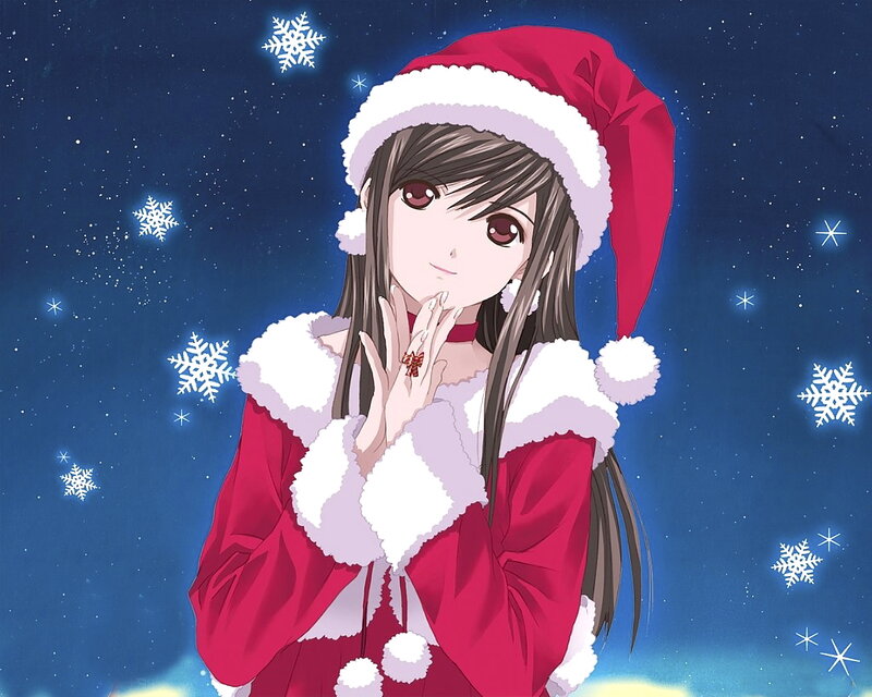 Anime Girl in Santa Outfit — Red, Festive, Night, Snowflakes