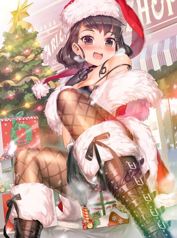 Anime Girl in Santa Outfit — Red, Festive, Winter, Digital Art, Christmas Tree, Gifts, Santa Hat